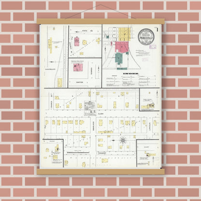 Old map wall art mockup — magnetic wood frame on brick wall — Sanborn Fire Insurance Map from Princeville, Peoria County, Illinois (1909) - Complete Map Set
