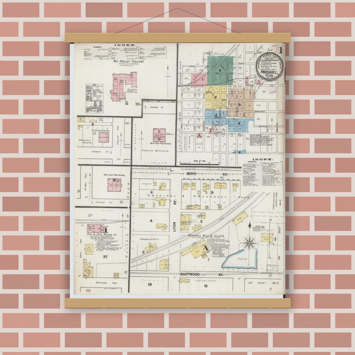 Old map wall art mockup — magnetic wood frame on brick wall — Sanborn Fire Insurance Map from Marshall, Saline County, Missouri (1889) - Complete Map Set