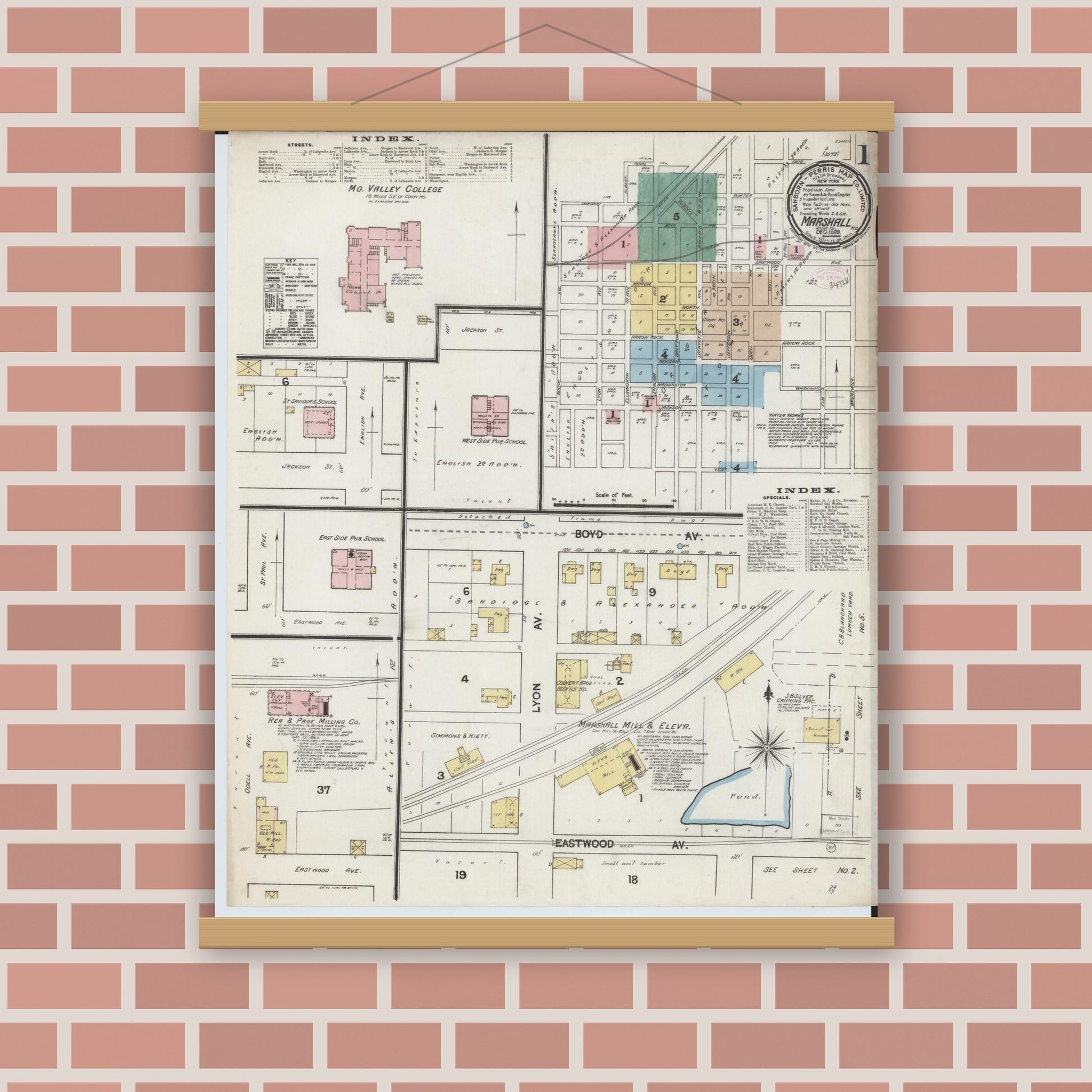 Old map wall art mockup — magnetic wood frame on brick wall — Sanborn Fire Insurance Map from Marshall, Saline County, Missouri (1889) - Complete Map Set
