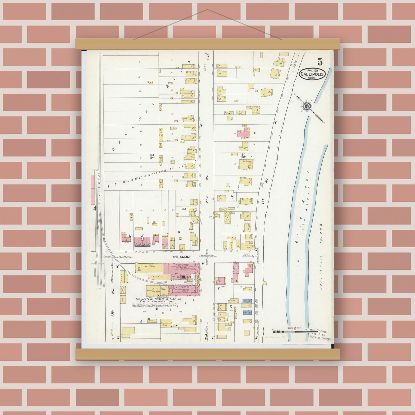 Old map wall art mockup — magnetic wood frame on brick wall — Sanborn Fire Insurance Map from Gallipolis, Gallia County, Ohio (1916), Sheet #0005