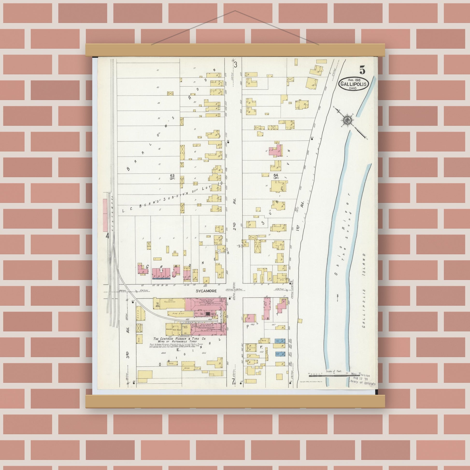 Old map wall art mockup — magnetic wood frame on brick wall — Sanborn Fire Insurance Map from Gallipolis, Gallia County, Ohio (1916), Sheet #0005