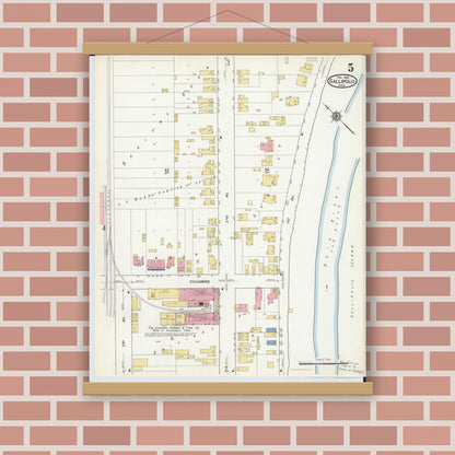Old map wall art mockup — magnetic wood frame on brick wall — Sanborn Fire Insurance Map from Gallipolis, Gallia County, Ohio (1916), Sheet #0005