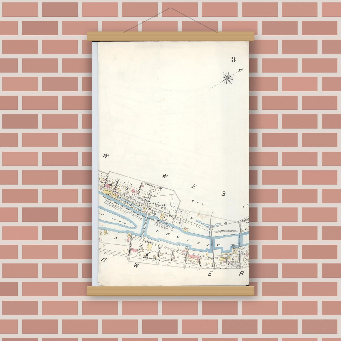 Old map wall art mockup — magnetic wood frame on brick wall — Sanborn Fire Insurance Map from Saginaw, Saginaw County, Michigan (1895), Sheet #0003