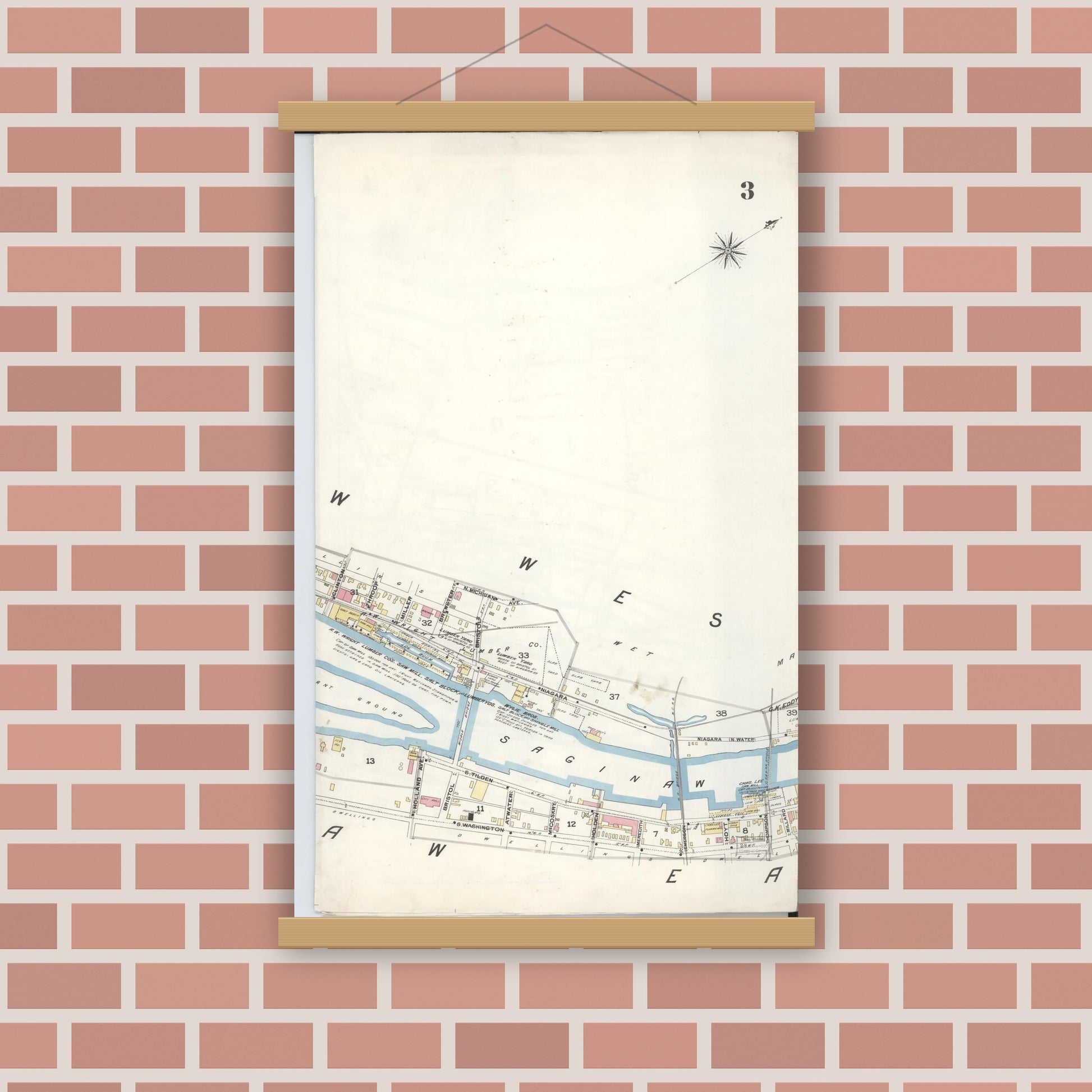 Old map wall art mockup — magnetic wood frame on brick wall — Sanborn Fire Insurance Map from Saginaw, Saginaw County, Michigan (1895), Sheet #0003