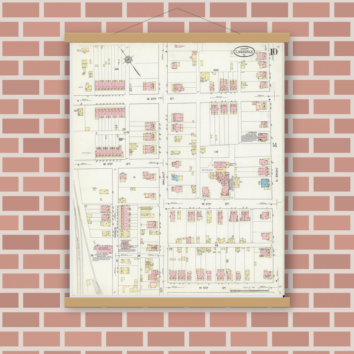 Old map wall art mockup — magnetic wood frame on brick wall — Sanborn Fire Insurance Map from Lansdale, Montgomery County, Pennsylvania (1914), Sheet #0010
