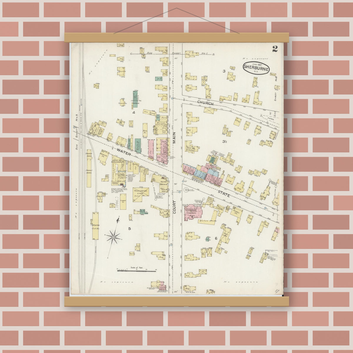 Old map wall art mockup — magnetic wood frame on brick wall — Sanborn Fire Insurance Map from Sherburne, Chenango County, New York (1887), Sheet #0002