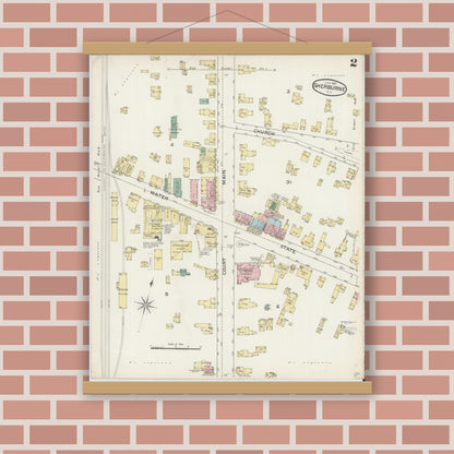 Old map wall art mockup — magnetic wood frame on brick wall — Sanborn Fire Insurance Map from Sherburne, Chenango County, New York (1887), Sheet #0002