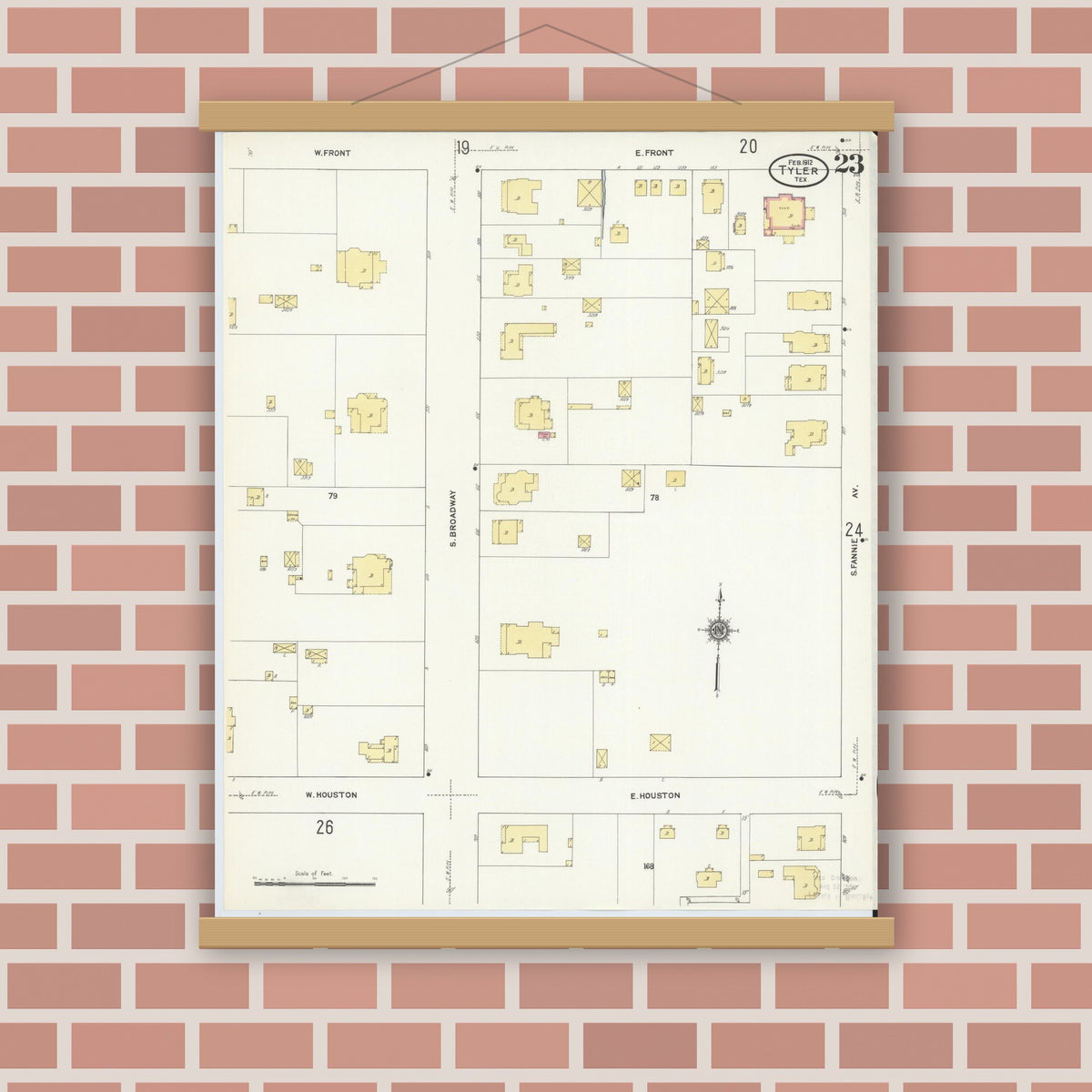 Old map wall art mockup — magnetic wood frame on brick wall — Sanborn Fire Insurance Map from Tyler, Smith County, Texas (1912), Sheet #0023