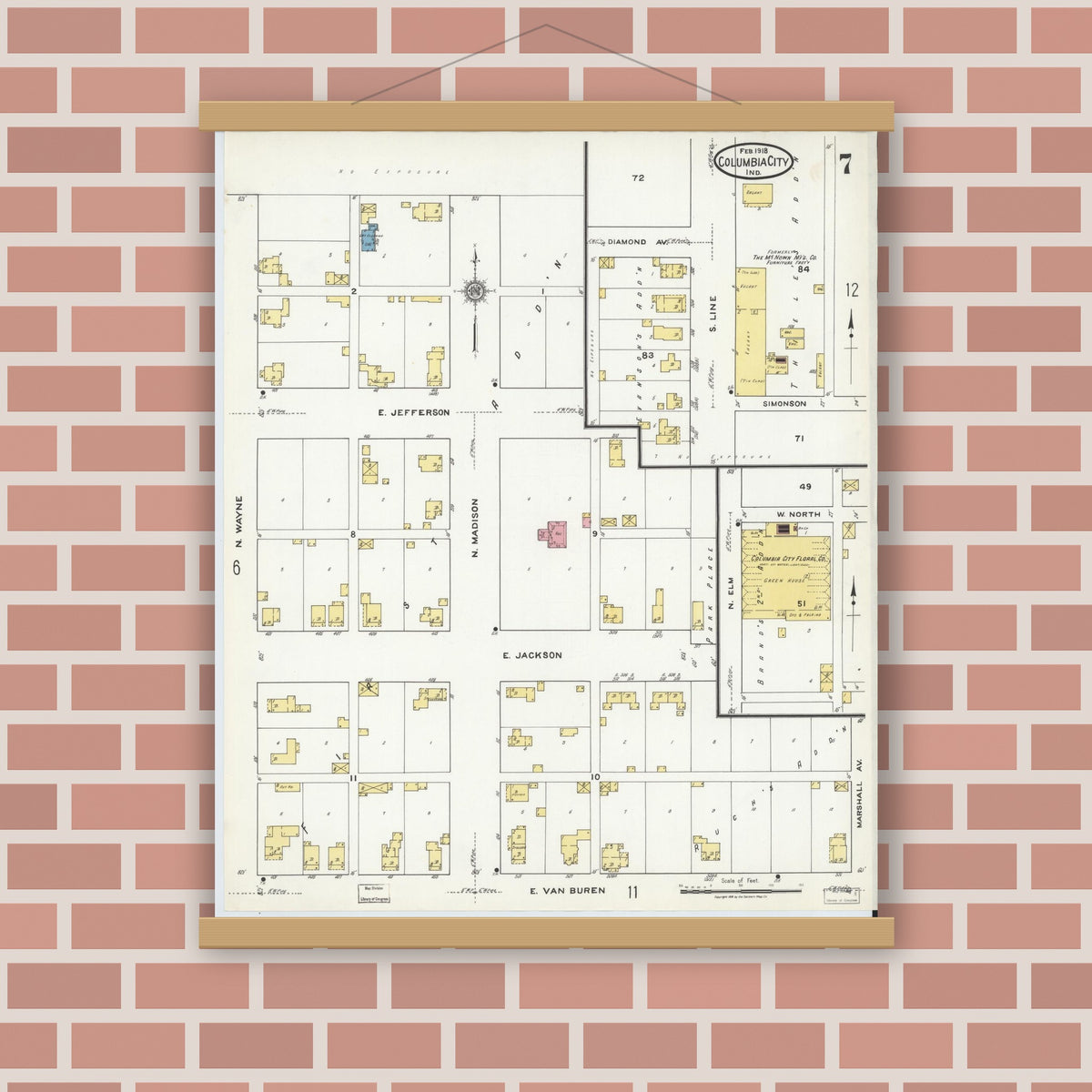 Old map wall art mockup — magnetic wood frame on brick wall — Sanborn Fire Insurance Map from Columbia City, Whitley County, Indiana (1918), Sheet #0007