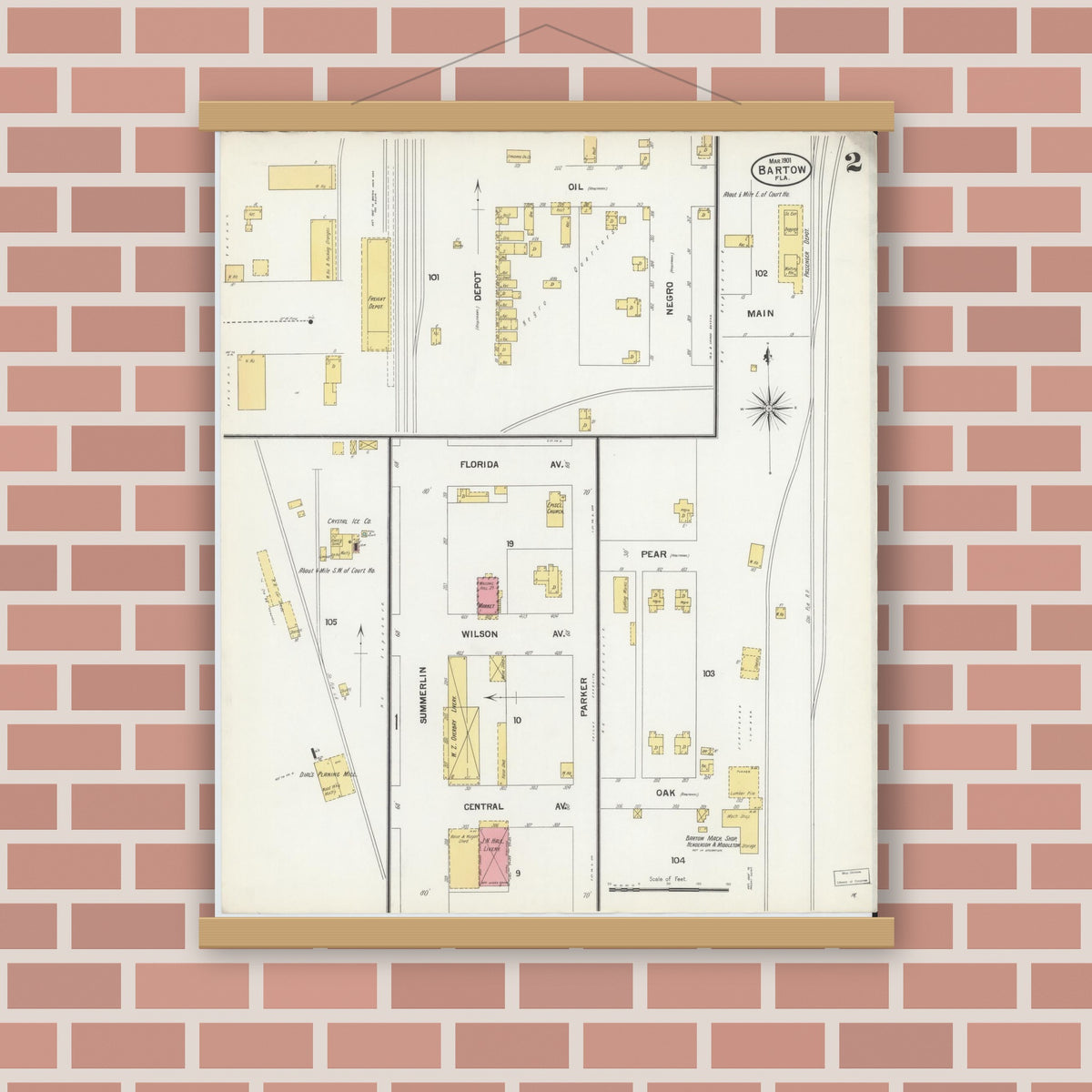 Old map wall art mockup — magnetic wood frame on brick wall — Sanborn Fire Insurance Map from Bartow, Polk County, Florida (1901), Sheet #0002