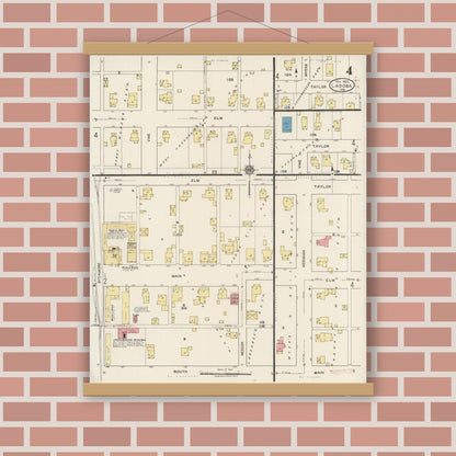 Old map wall art mockup — magnetic wood frame on brick wall — Sanborn Fire Insurance Map from Ladoga, Montgomery County, Indiana (1922), Sheet #0004