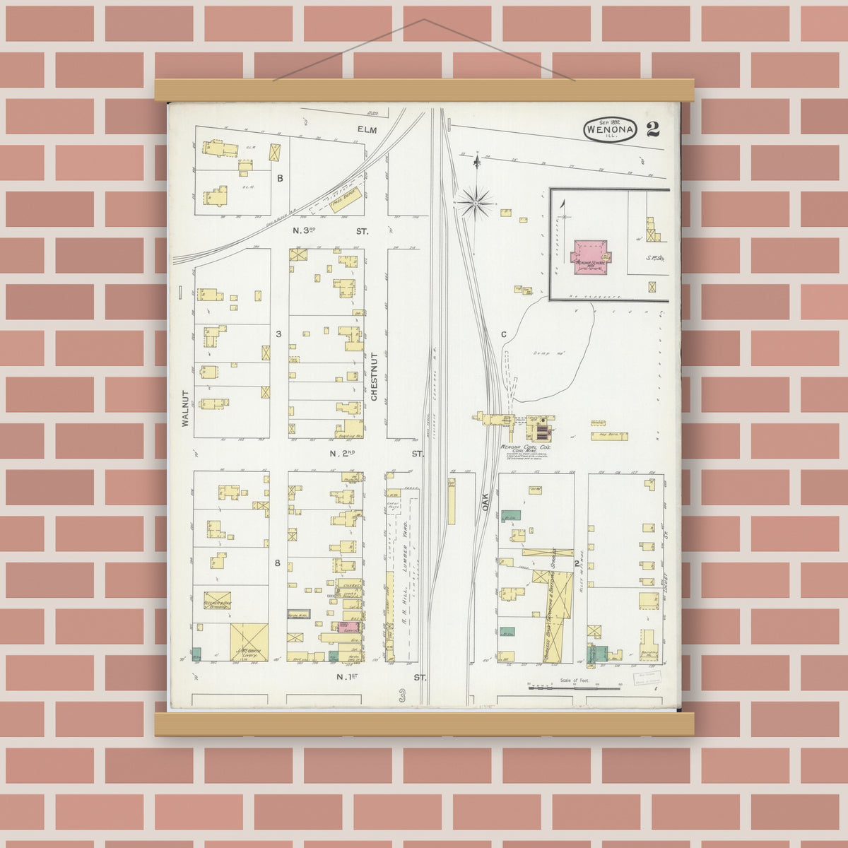 Old map wall art mockup — magnetic wood frame on brick wall — Sanborn Fire Insurance Map from Wenona, Marshall County, Illinois (1892), Sheet #0002