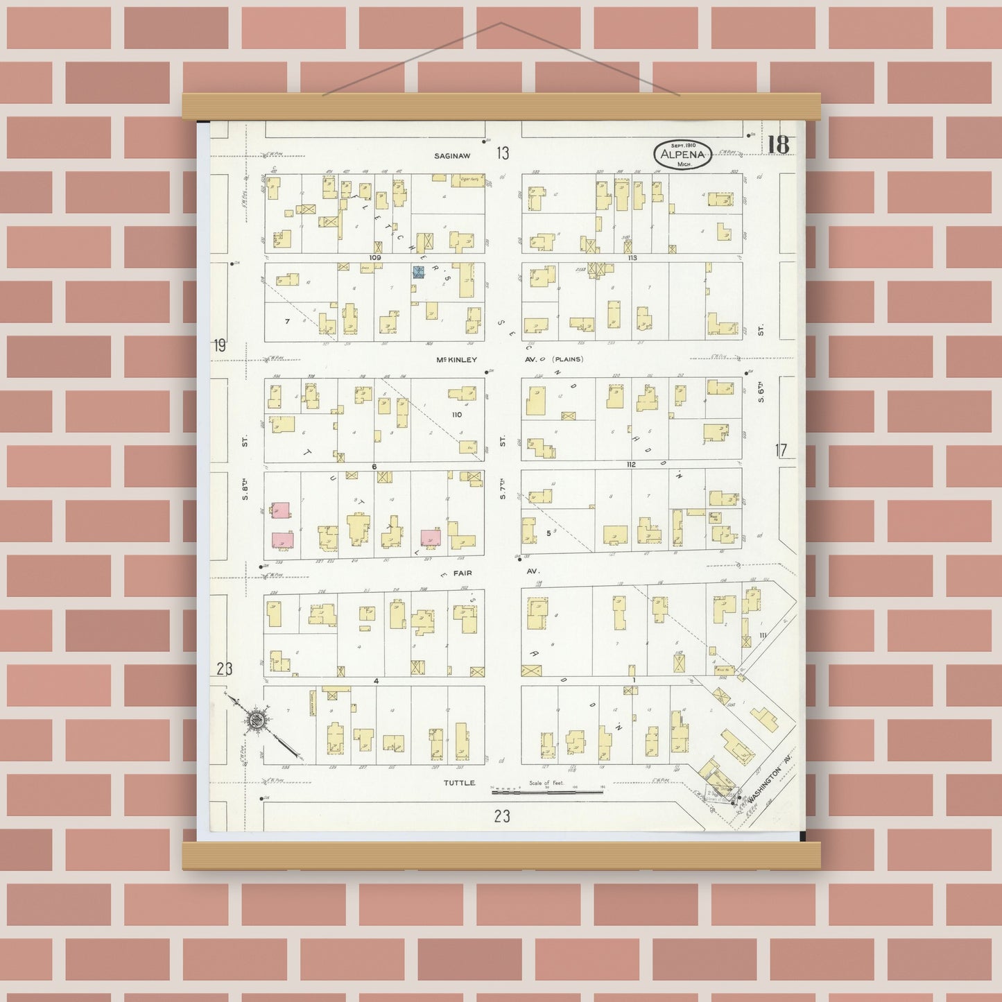 Old map wall art mockup — magnetic wood frame on brick wall — Sanborn Fire Insurance Map from Alpena, Alpena County, Michigan (1910), Sheet #0018