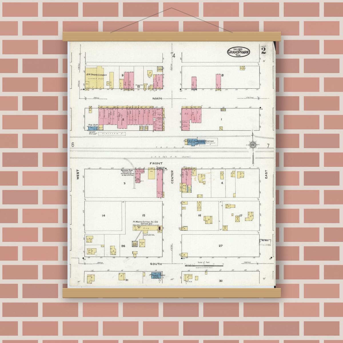 Old map wall art mockup — magnetic wood frame on brick wall — Sanborn Fire Insurance Map from Grand Prairie, Dallas County, Texas (1920), Sheet #0002