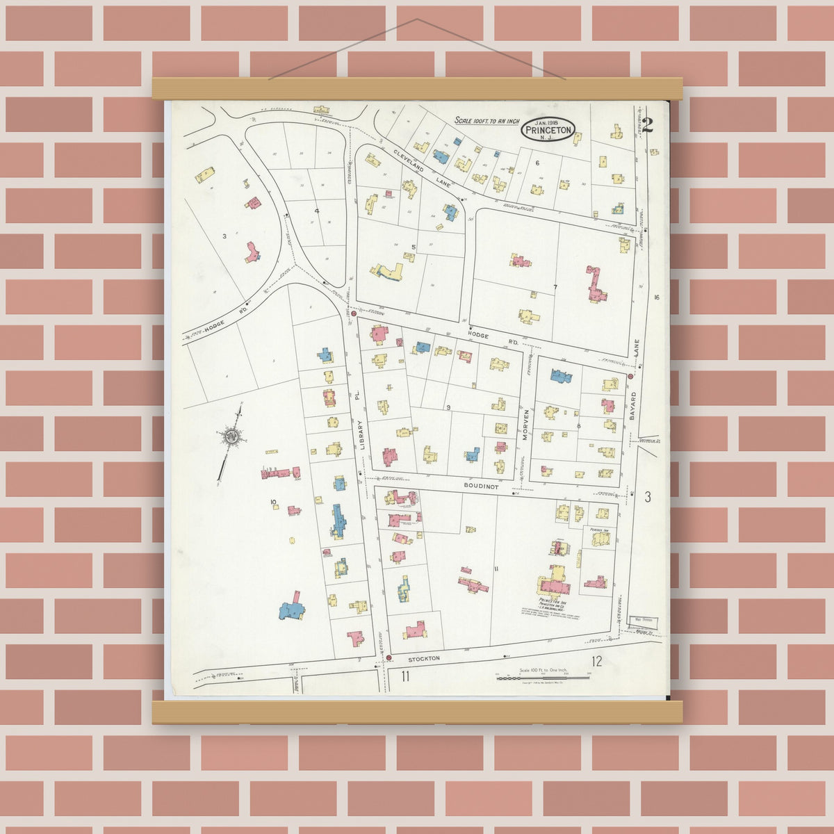 Old map wall art mockup — magnetic wood frame on brick wall — Sanborn Fire Insurance Map from Princeton, Mercer County, New Jersey (1918), Sheet #0002