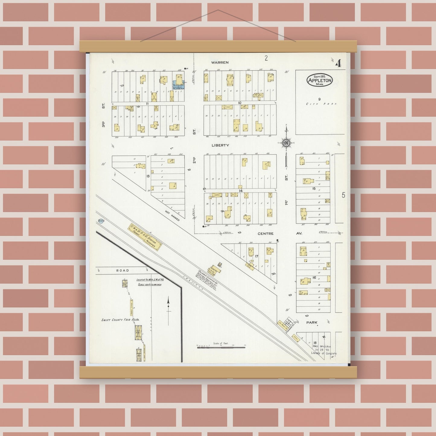 Old map wall art mockup — magnetic wood frame on brick wall — Sanborn Fire Insurance Map from Appleton, Swift County, Minnesota (1915), Sheet #0004