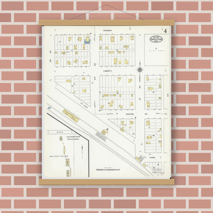 Old map wall art mockup — magnetic wood frame on brick wall — Sanborn Fire Insurance Map from Appleton, Swift County, Minnesota (1915), Sheet #0004