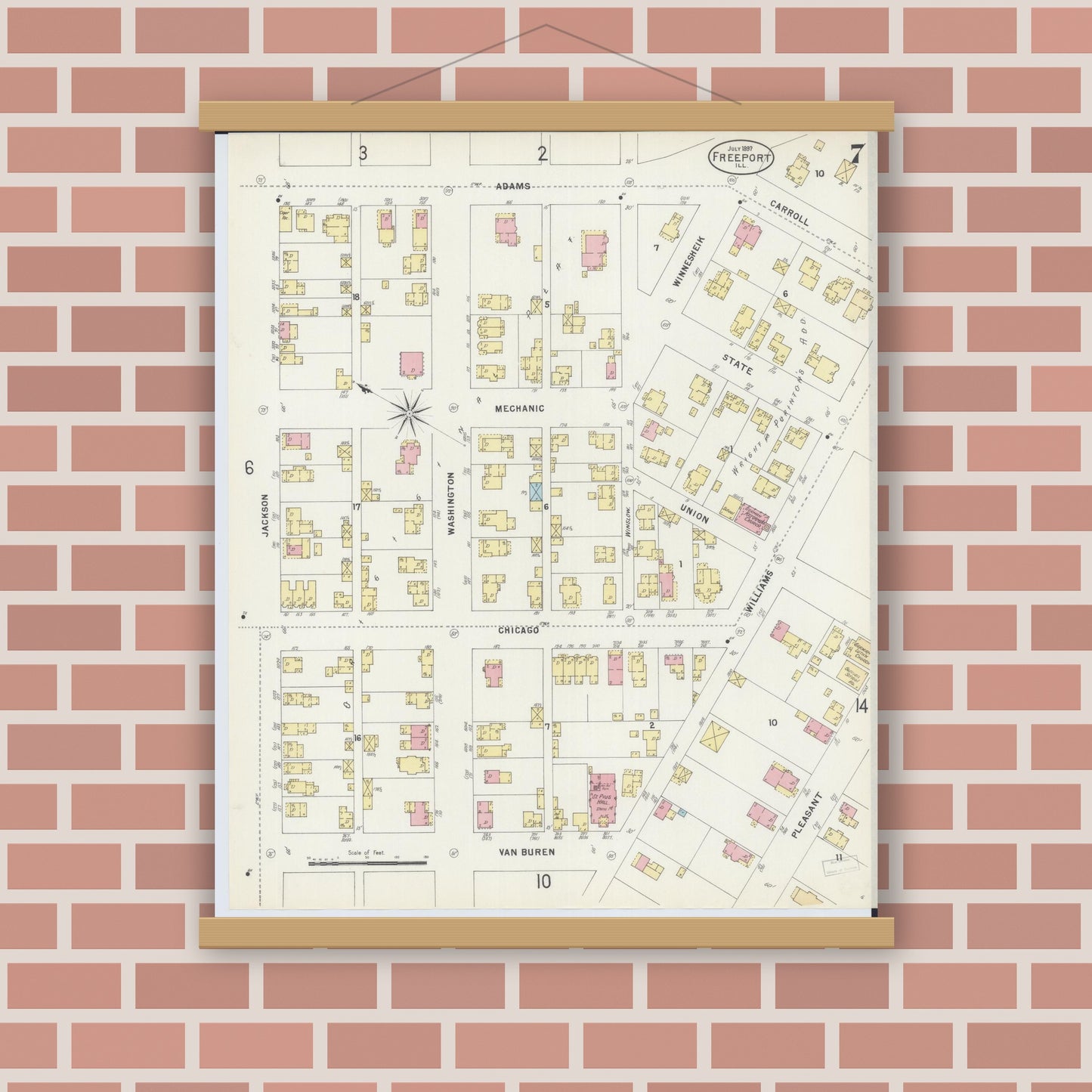 Old map wall art mockup — magnetic wood frame on brick wall — Sanborn Fire Insurance Map from Freeport, Stephenson County, Illinois (1897), Sheet #0007