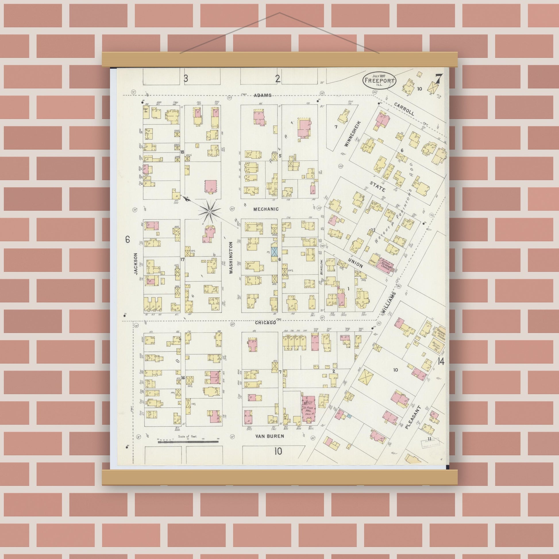 Old map wall art mockup — magnetic wood frame on brick wall — Sanborn Fire Insurance Map from Freeport, Stephenson County, Illinois (1897), Sheet #0007
