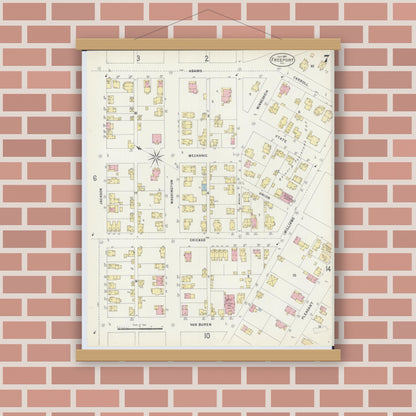 Old map wall art mockup — magnetic wood frame on brick wall — Sanborn Fire Insurance Map from Freeport, Stephenson County, Illinois (1897), Sheet #0007