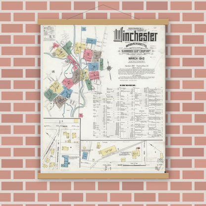 Old map wall art mockup — magnetic wood frame on brick wall — Sanborn Fire Insurance Map from Winchester, Middlesex County, Massachusetts (1910) - Complete Map Set