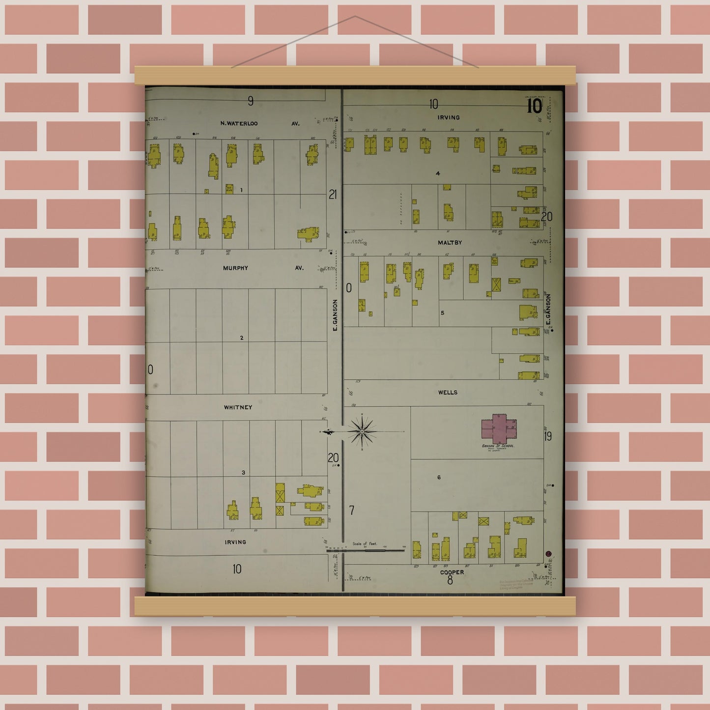 Old map wall art mockup — magnetic wood frame on brick wall — Sanborn Fire Insurance Map from Jackson, Jackson County, Michigan (1907), Sheet #0010
