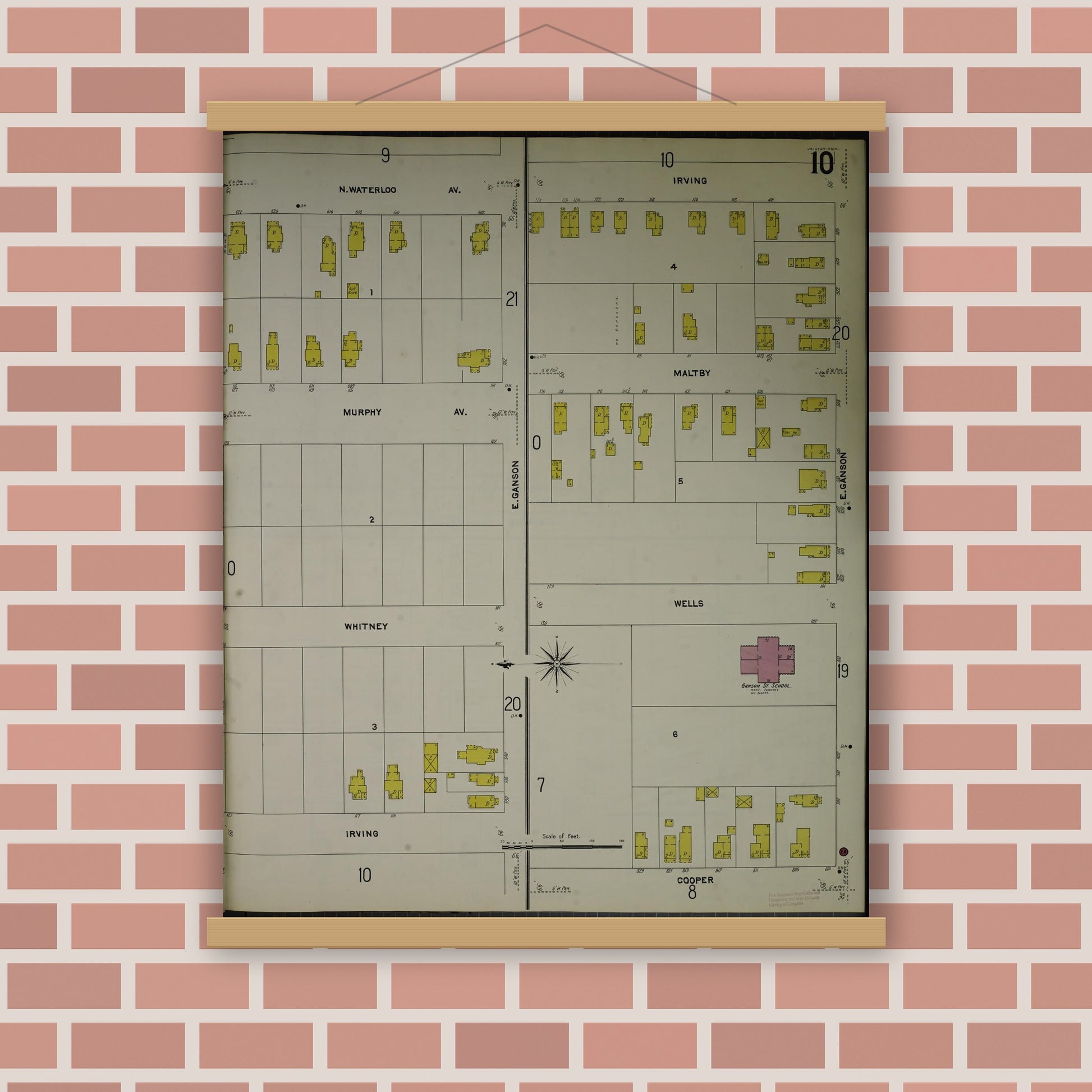 Old map wall art mockup — magnetic wood frame on brick wall — Sanborn Fire Insurance Map from Jackson, Jackson County, Michigan (1907), Sheet #0010