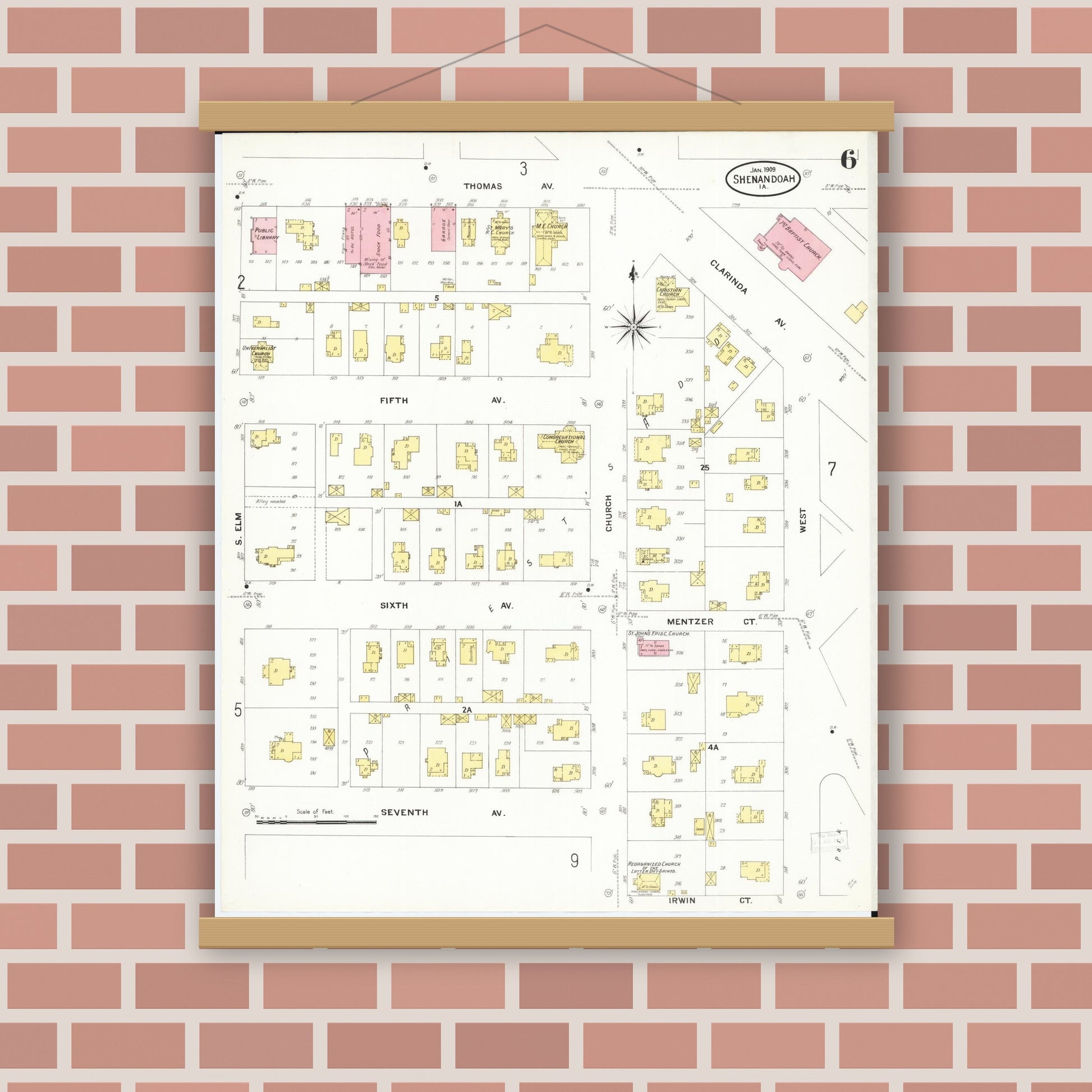 Old map wall art mockup — magnetic wood frame on brick wall — Sanborn Fire Insurance Map from Shenandoah, Page County, Iowa (1909), Sheet #0006