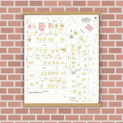 Old map wall art mockup — magnetic wood frame on brick wall — Sanborn Fire Insurance Map from Shenandoah, Page County, Iowa (1909), Sheet #0006