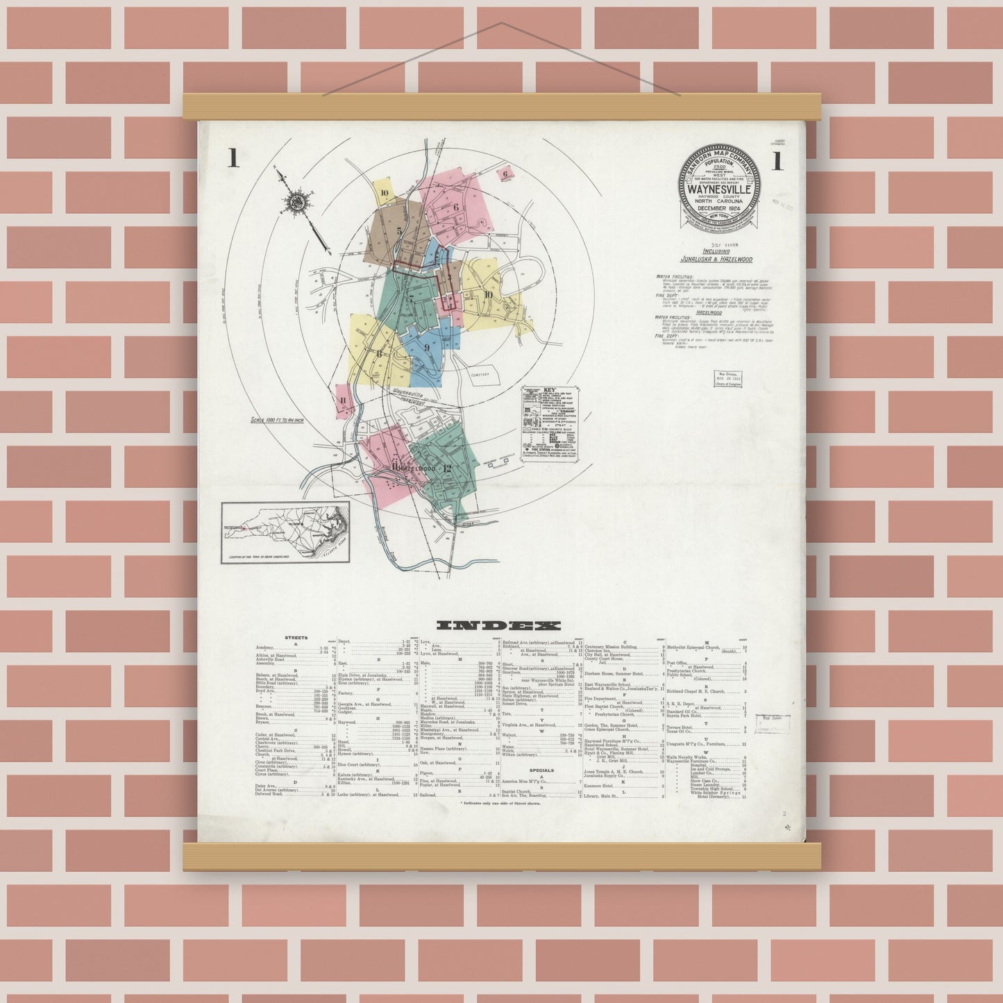 Old map wall art mockup — magnetic wood frame on brick wall — Sanborn Fire Insurance Map from Waynesville, Haywood County, North Carolina (1924), Sheet #0001