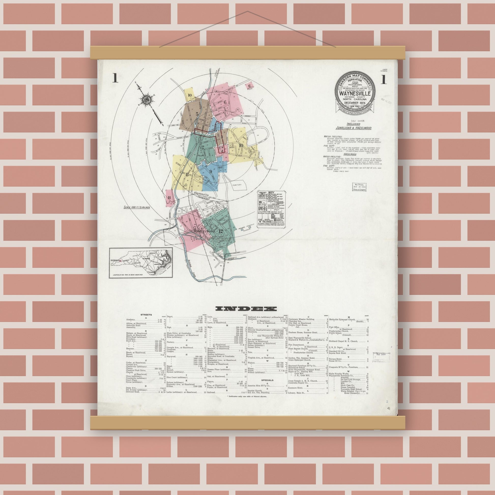 Old map wall art mockup — magnetic wood frame on brick wall — Sanborn Fire Insurance Map from Waynesville, Haywood County, North Carolina (1924), Sheet #0001
