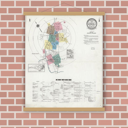 Old map wall art mockup — magnetic wood frame on brick wall — Sanborn Fire Insurance Map from Waynesville, Haywood County, North Carolina (1924), Sheet #0001