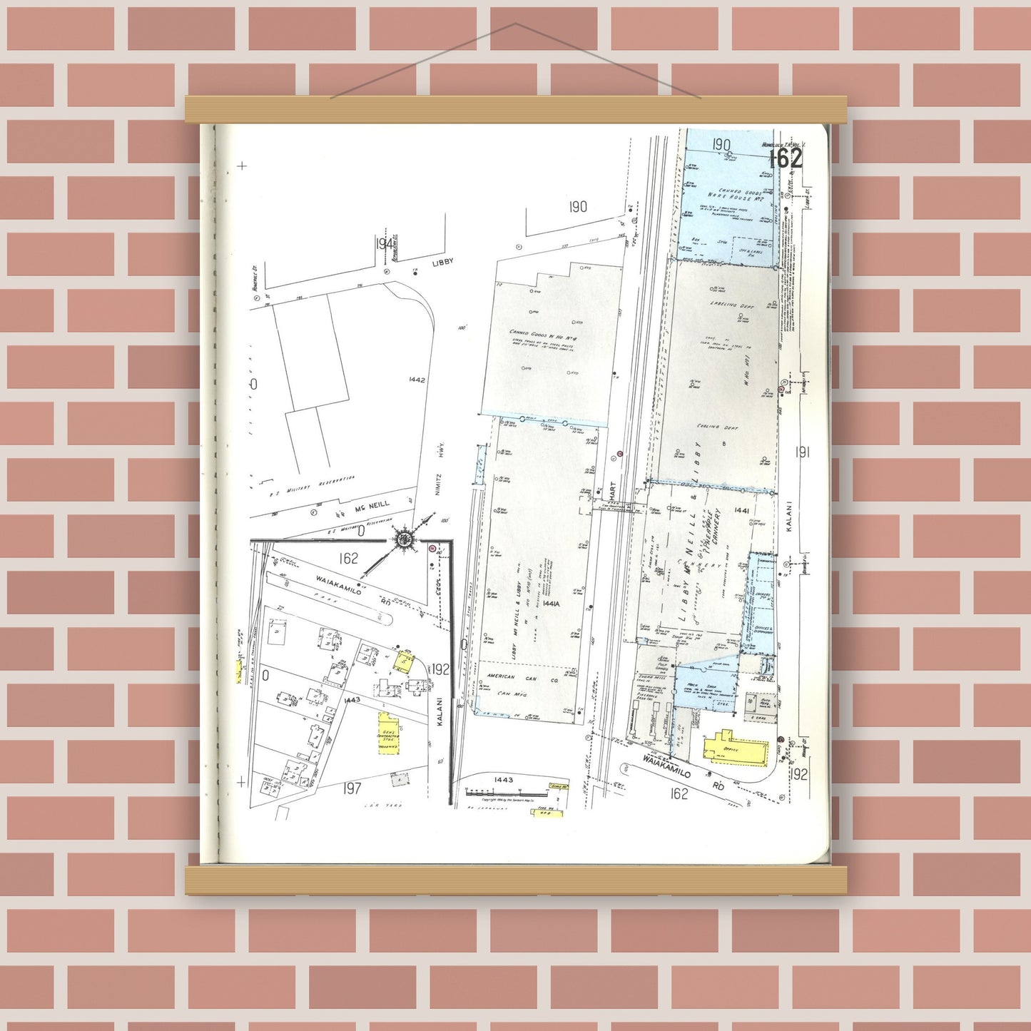 Old map wall art mockup — magnetic wood frame on brick wall — Sanborn Fire Insurance Map from Honolulu, Oahu County, Hawaii (1955), Sheet #0162