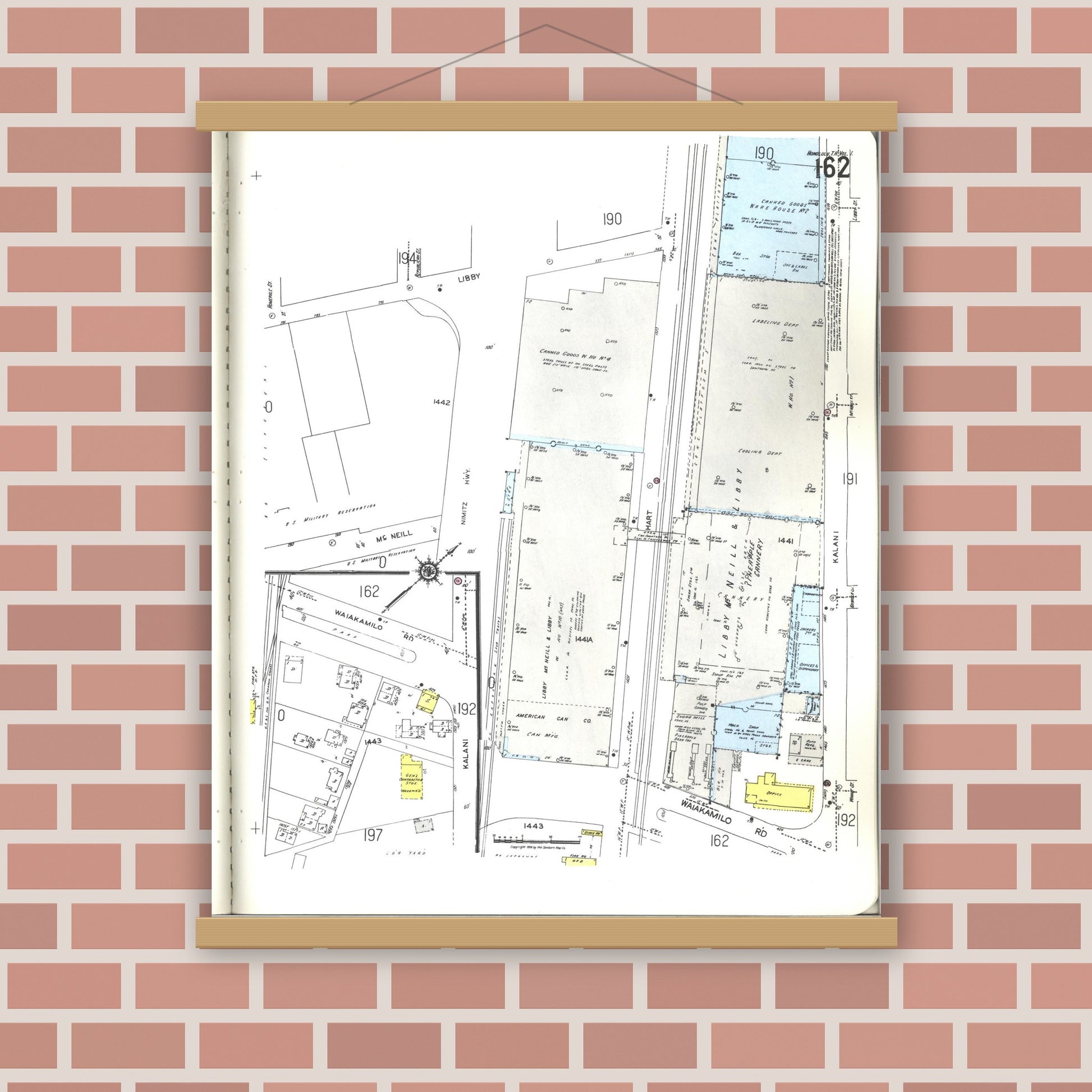 Old map wall art mockup — magnetic wood frame on brick wall — Sanborn Fire Insurance Map from Honolulu, Oahu County, Hawaii (1955), Sheet #0162