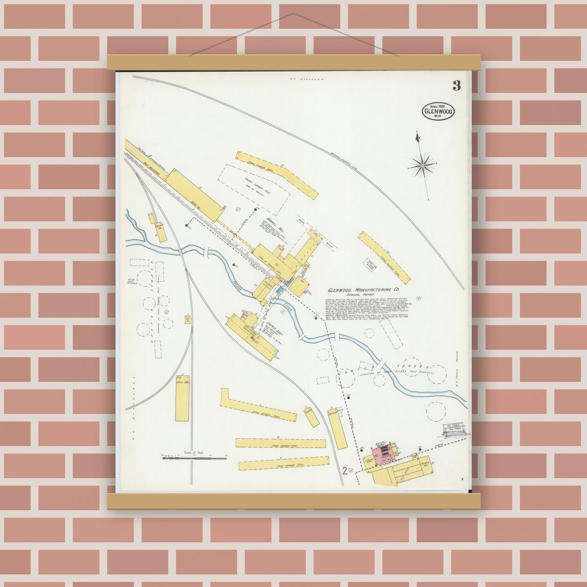 Old map wall art mockup — magnetic wood frame on brick wall — Sanborn Fire Insurance Map from Glenwood City, St. Croix County, Wisconsin (1900), Sheet #0003