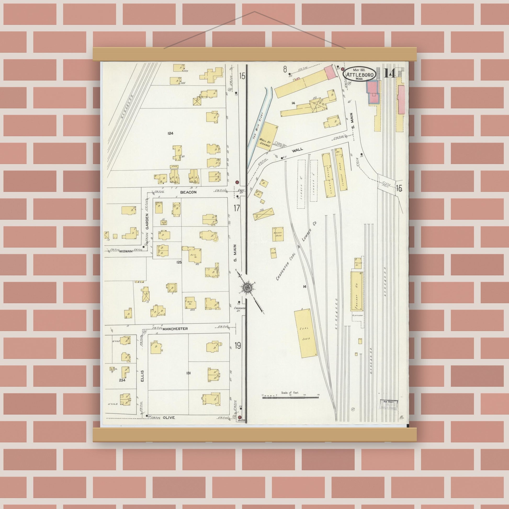 Old map wall art mockup — magnetic wood frame on brick wall — Sanborn Fire Insurance Map from Attleboro, Bristol County, Massachusetts (1911), Sheet #0014