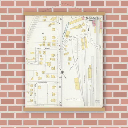 Old map wall art mockup — magnetic wood frame on brick wall — Sanborn Fire Insurance Map from Attleboro, Bristol County, Massachusetts (1911), Sheet #0014
