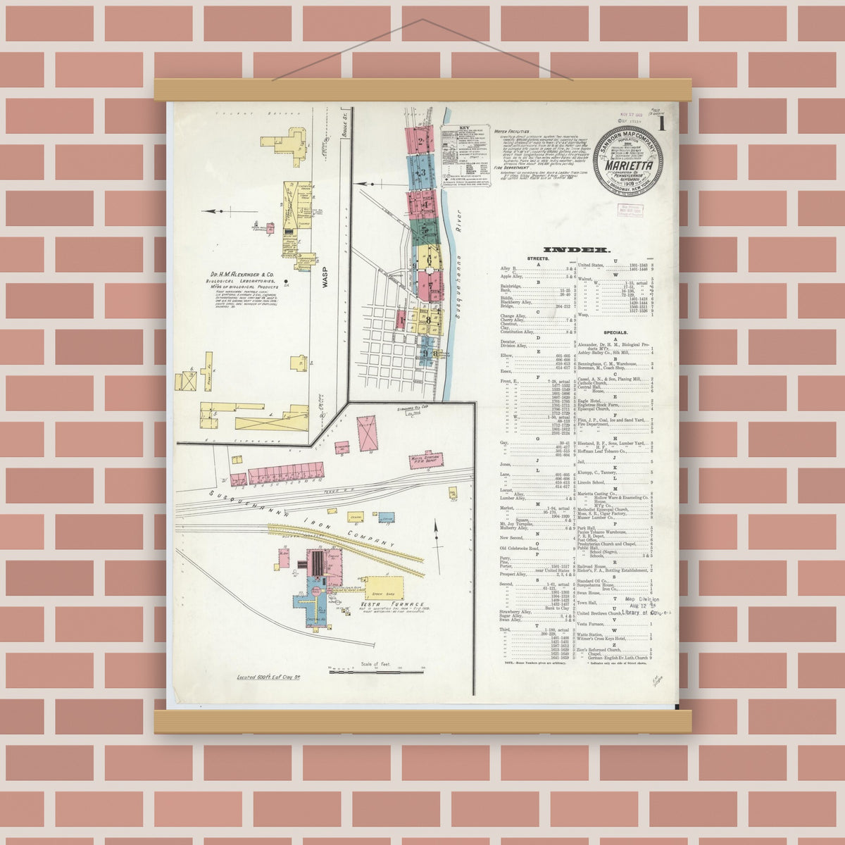 Old map wall art mockup — magnetic wood frame on brick wall — Sanborn Fire Insurance Map from Marietta, Lancaster County, Pennsylvania (1909) - Complete Map Set