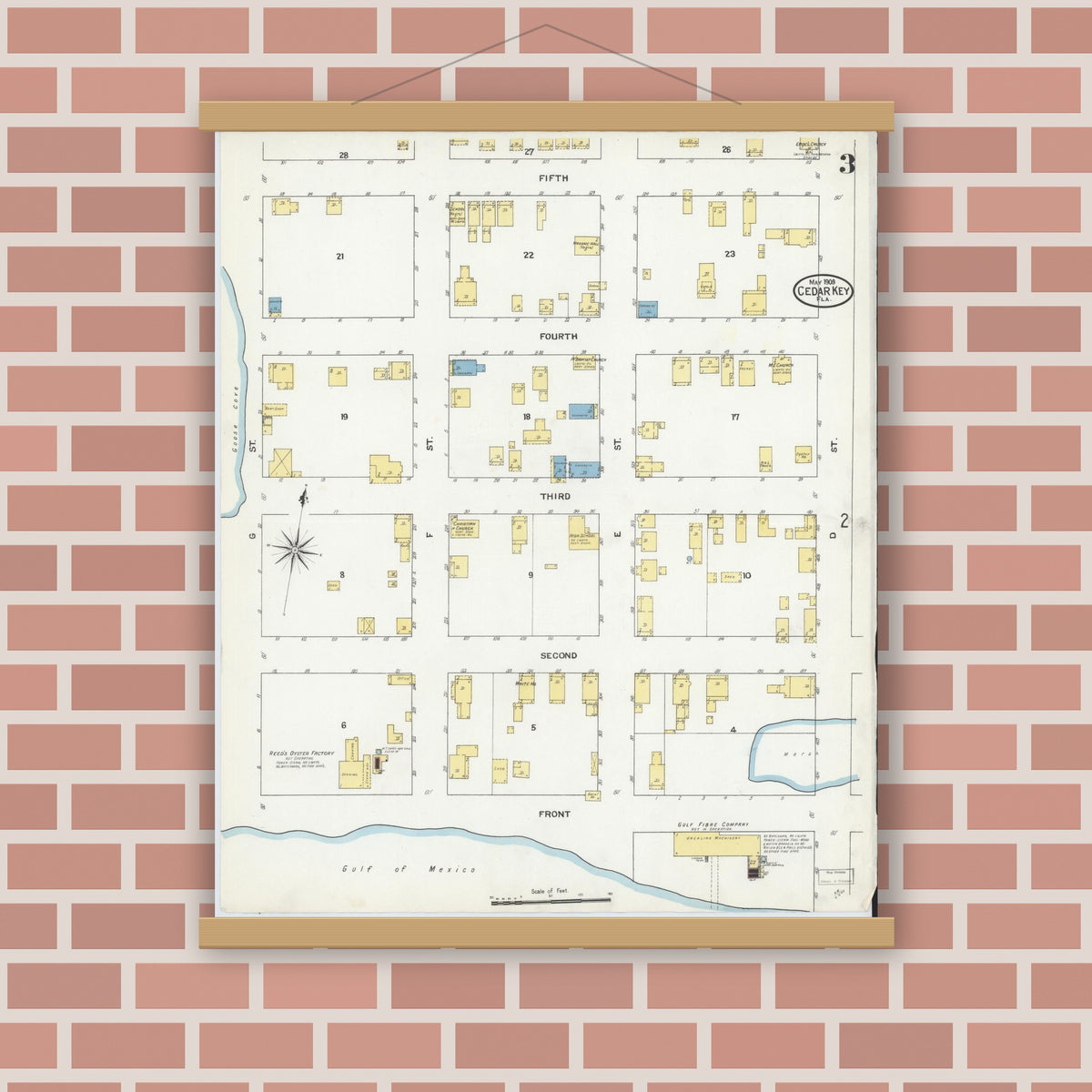 Old map wall art mockup — magnetic wood frame on brick wall — Sanborn Fire Insurance Map from Cedar Key, Levy County, Florida (1909), Sheet #0003