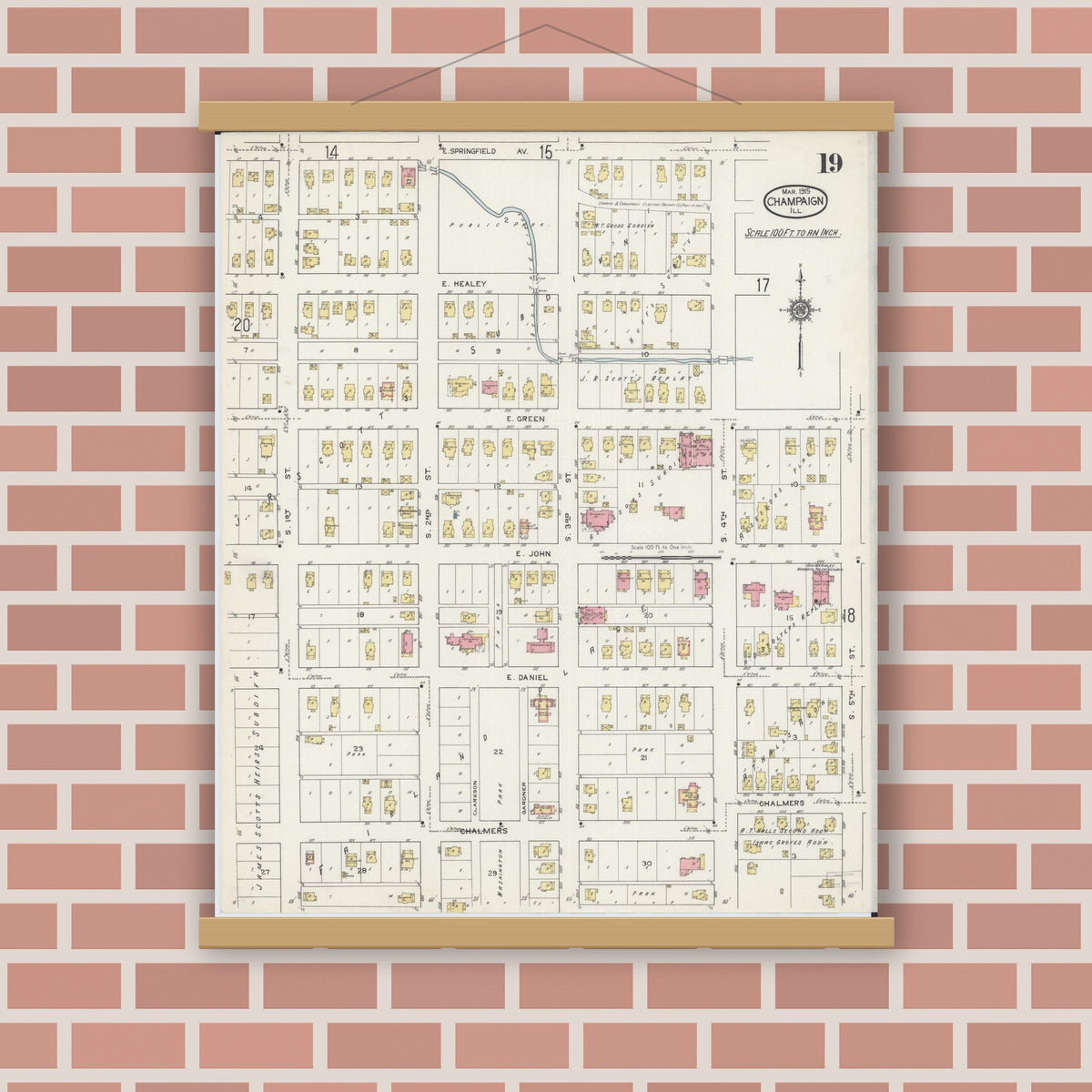 Old map wall art mockup — magnetic wood frame on brick wall — Sanborn Fire Insurance Map from Champaign, Champaign County, Illinois (1915), Sheet #0019
