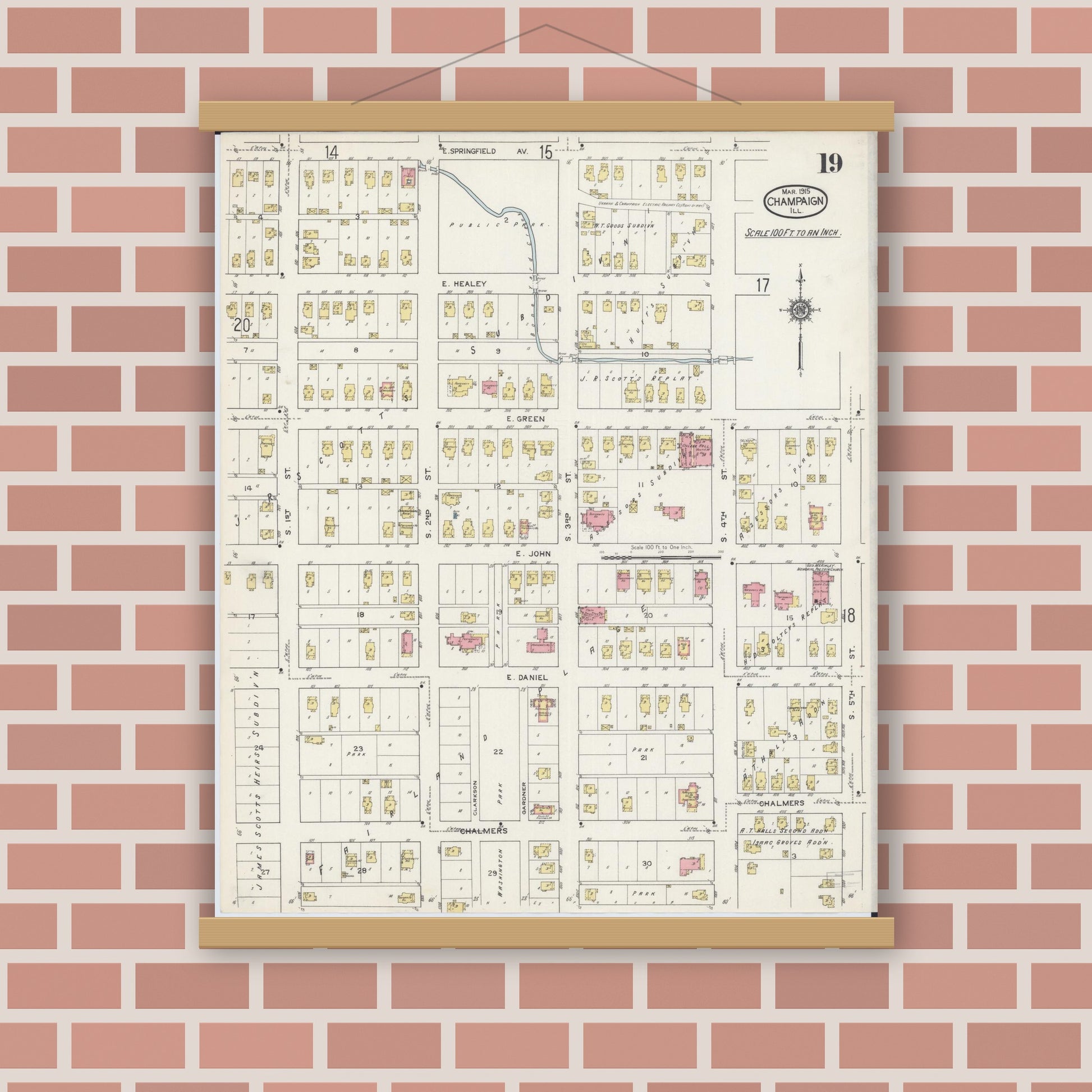 Old map wall art mockup — magnetic wood frame on brick wall — Sanborn Fire Insurance Map from Champaign, Champaign County, Illinois (1915), Sheet #0019