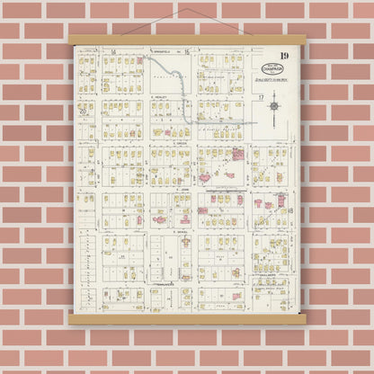 Old map wall art mockup — magnetic wood frame on brick wall — Sanborn Fire Insurance Map from Champaign, Champaign County, Illinois (1915), Sheet #0019
