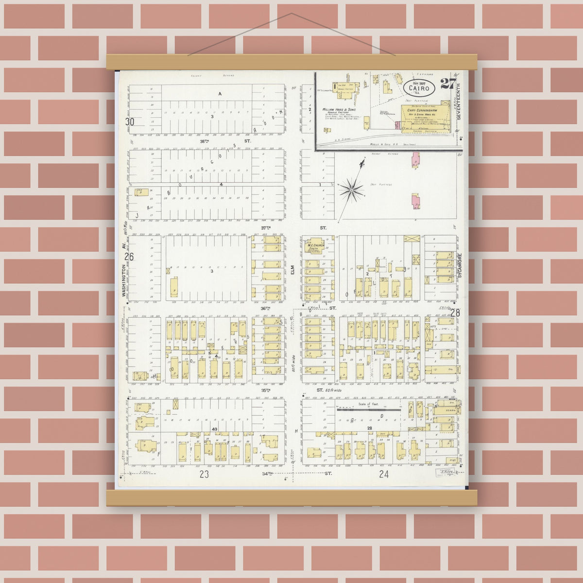 Old map wall art mockup — magnetic wood frame on brick wall — Sanborn Fire Insurance Map from Cairo, Alexander County, Illinois (1907), Sheet #0027