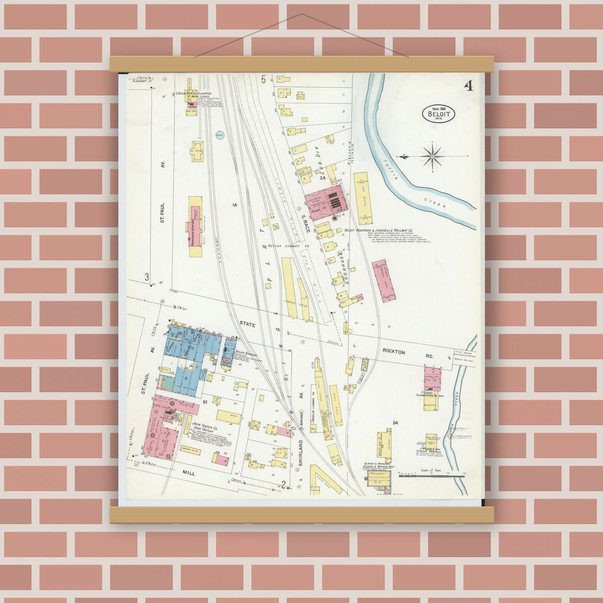 Old map wall art mockup — magnetic wood frame on brick wall — Sanborn Fire Insurance Map from Beloit, Rock County, Wisconsin (1908), Sheet #0004