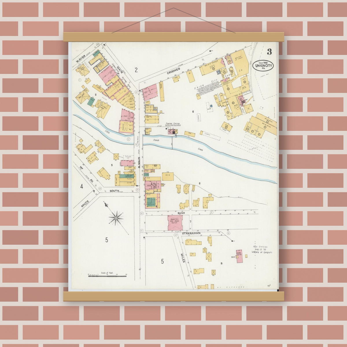 Old map wall art mockup — magnetic wood frame on brick wall — Sanborn Fire Insurance Map from Union City, Erie County, Pennsylvania (1905), Sheet #0003
