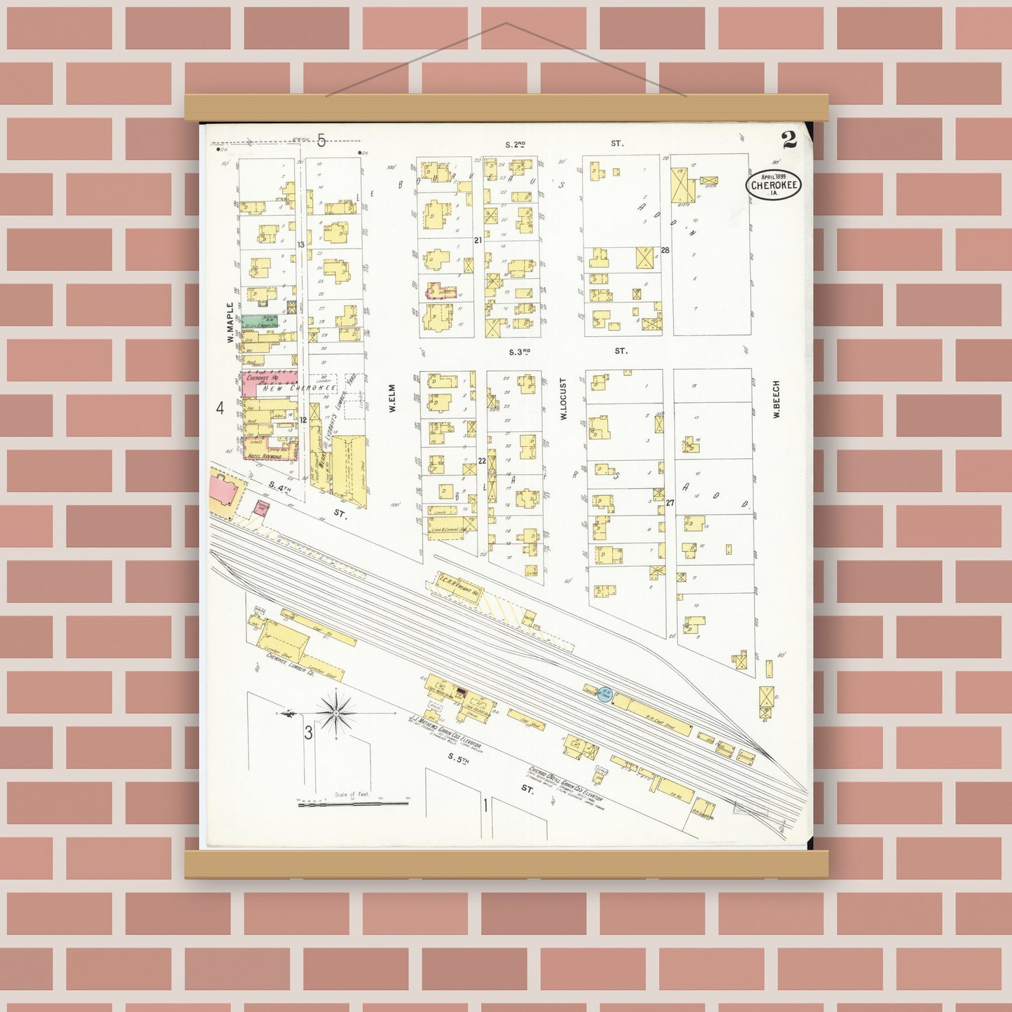Old map wall art mockup — magnetic wood frame on brick wall — Sanborn Fire Insurance Map from Cherokee, Cherokee County, Iowa (1899), Sheet #0002