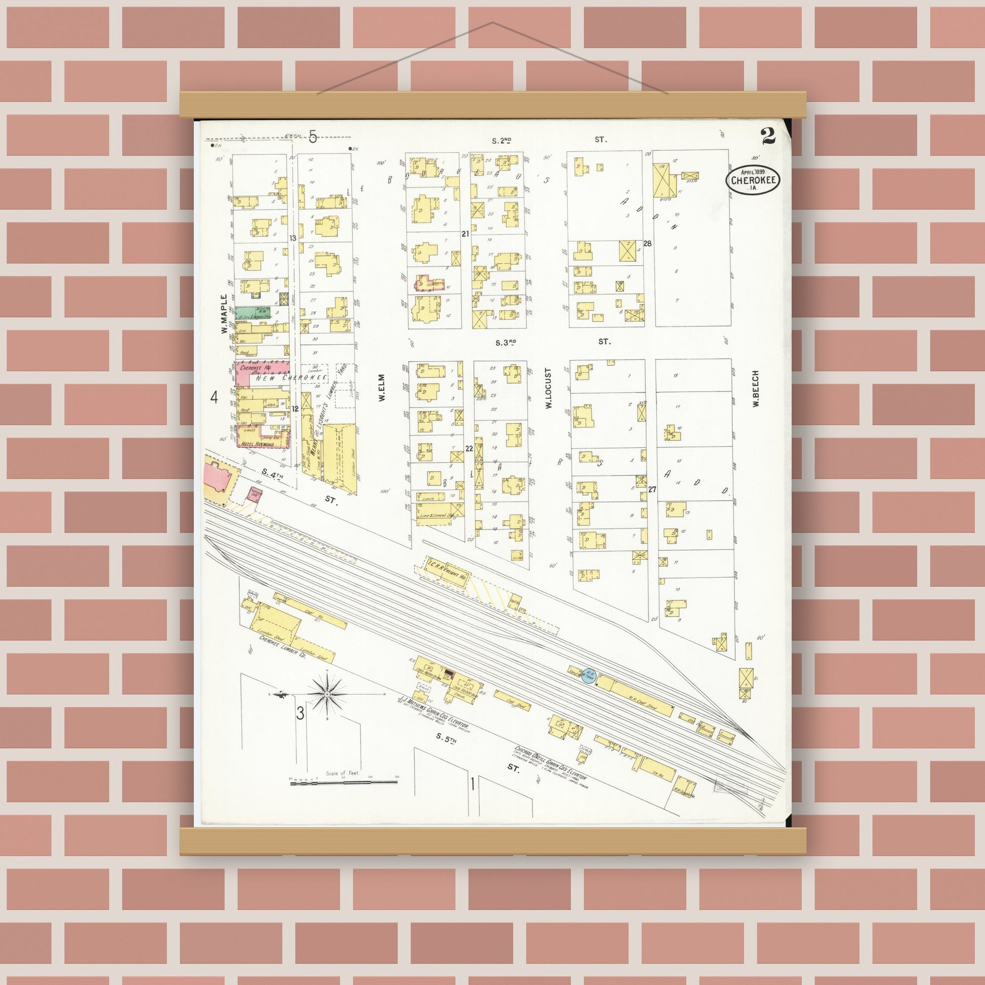 Old map wall art mockup — magnetic wood frame on brick wall — Sanborn Fire Insurance Map from Cherokee, Cherokee County, Iowa (1899), Sheet #0002