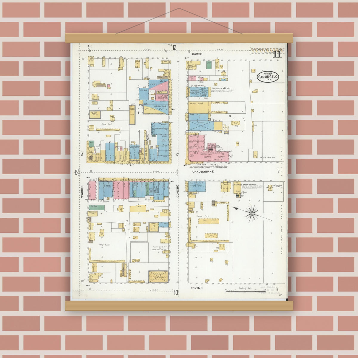 Old map wall art mockup — magnetic wood frame on brick wall — Sanborn Fire Insurance Map from San Angelo, Tom Green County, Texas (1904), Sheet #0011