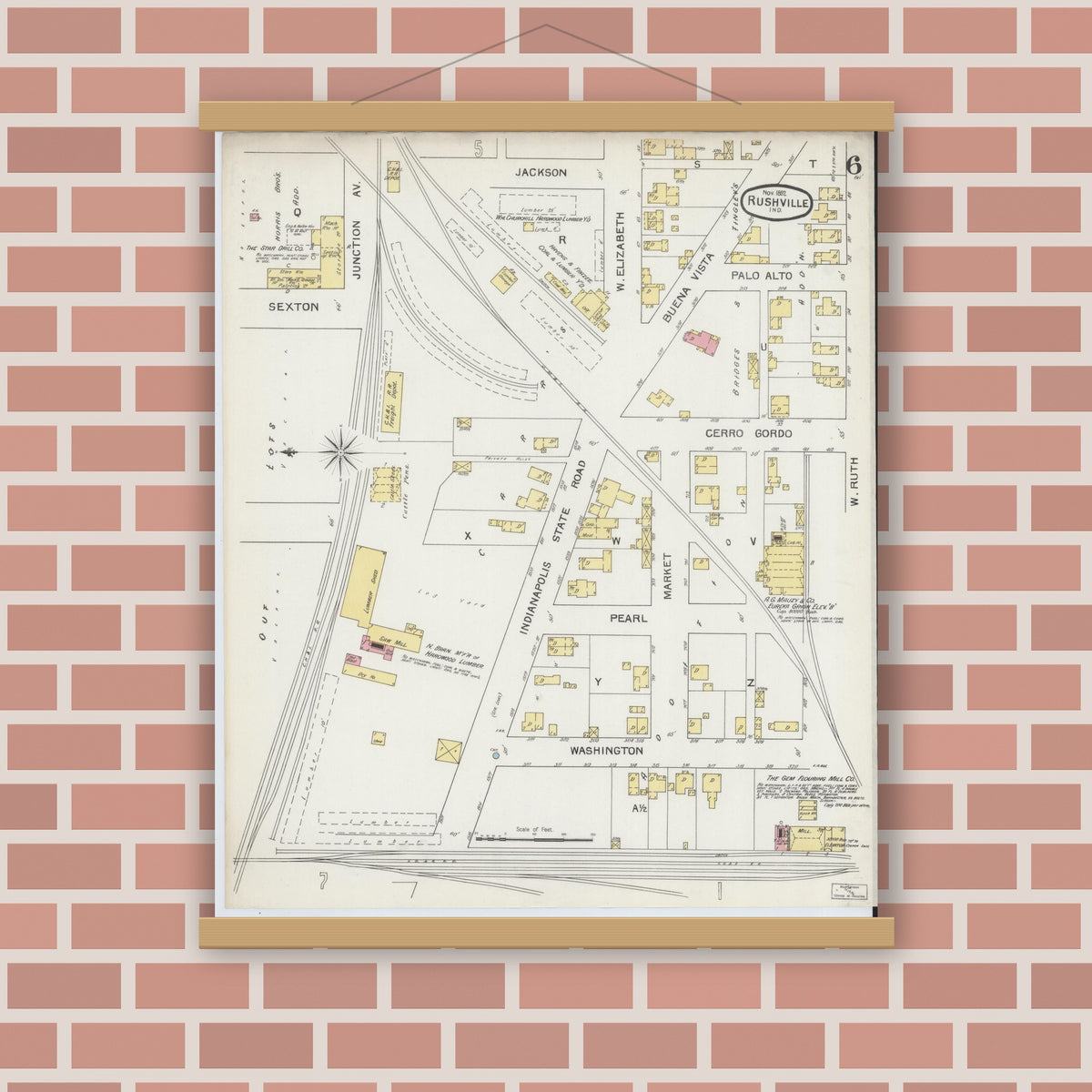 Old map wall art mockup — magnetic wood frame on brick wall — Sanborn Fire Insurance Map from Rushville, Rush County, Indiana (1892), Sheet #0006