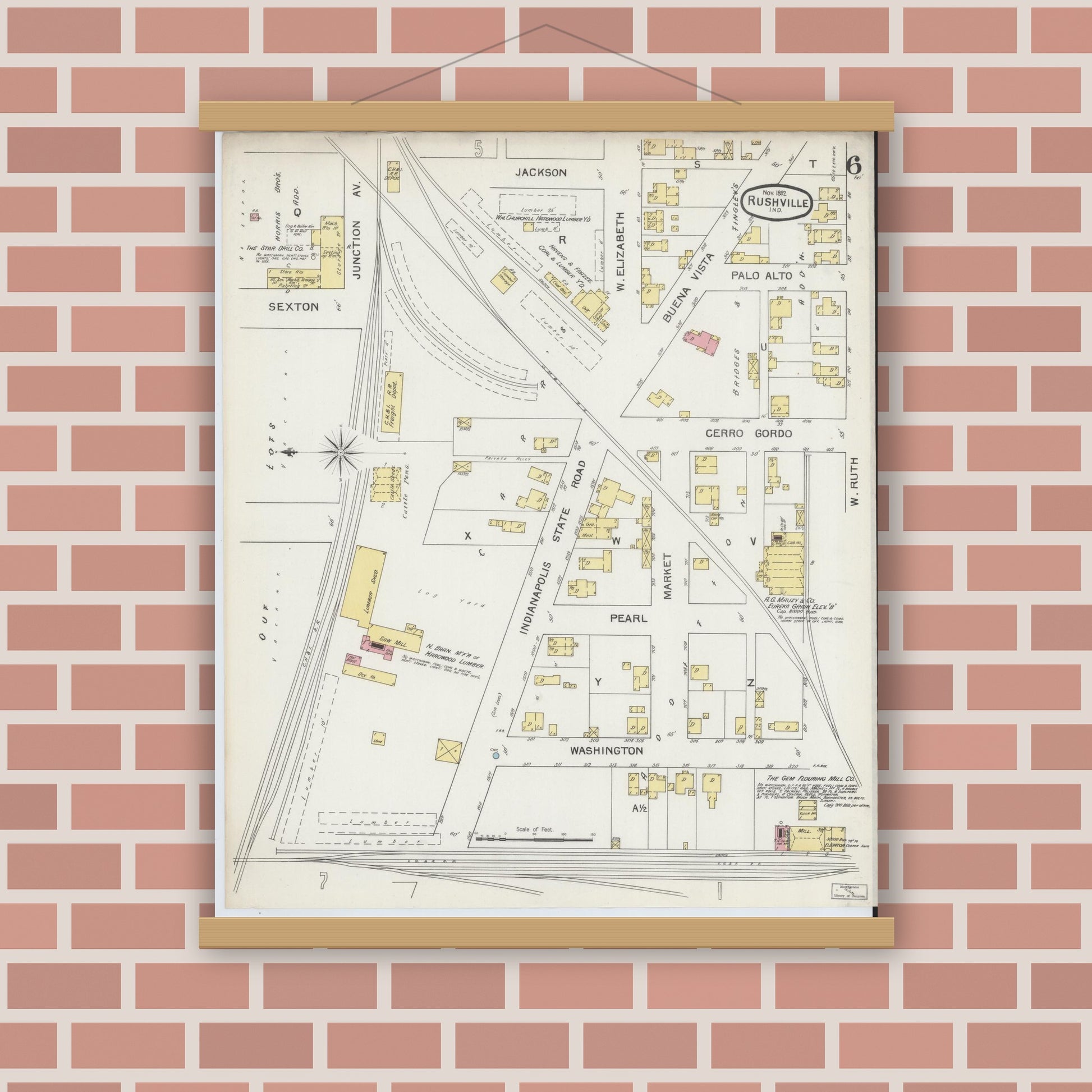 Old map wall art mockup — magnetic wood frame on brick wall — Sanborn Fire Insurance Map from Rushville, Rush County, Indiana (1892), Sheet #0006